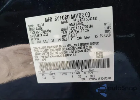 2016 Ford Edge Titanium z USA, uszkodzony, nr VIN 2FMPK4K9XGBB83164